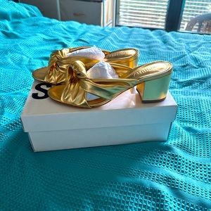 Schutz Mindy Mid Block Gold Matallic Nappa Sandal